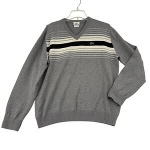 Lacoste Sweater Mens Size L Gray Stripe Wool Blend France V Neck Pullover